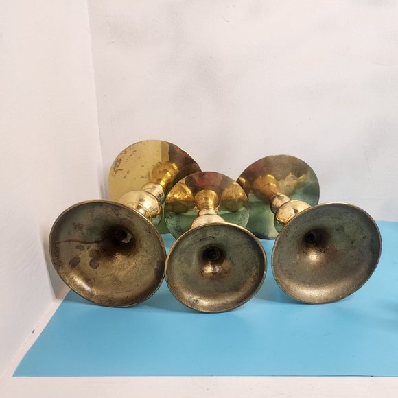 3 Vintage Pillar Brass Candle Holders Embossed Graduated Set Large Ornate - Picture 11 of 12